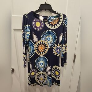 Reborn Women’s Med Navy Geometric Mandala Pt 3/4 Sleeve Stretch Tunic Dress